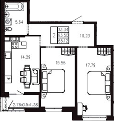Продается 2-комн. квартира, 63.72 м²