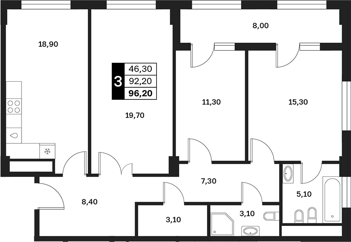 3-комн., 92.2 м², 4/15 этаж, ЖК «Аксис Патриот»