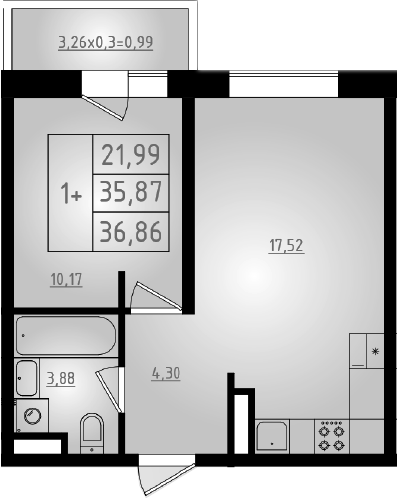 2-комн., 35.87 м², 4/8 этаж, ЖК «Мега 2»
