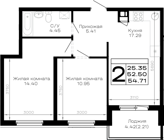 Продается 2-комн. квартира, 52.5 м²