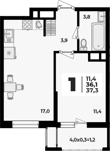 2-комн., 36.1 м², 6/8 этаж, ЖК «Родной дом 5»