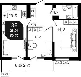 3-комн., 58.5 м², 11/23 этаж, ЖК «Отражение»
