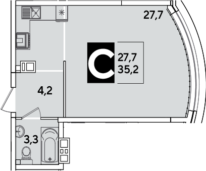 Студия, 35.2 м², 7/16 этаж, ЖК «Самолет»