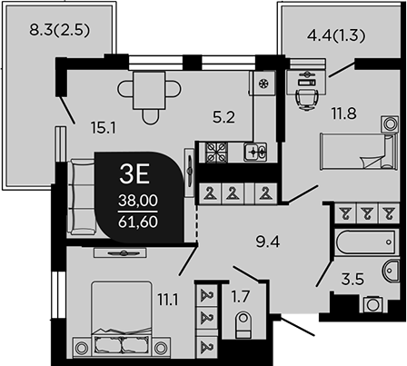 3-комн., 59.77 м², 8/22 этаж, ЖК «Отражение. Дарстрой»