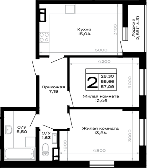 2-комн., 55.66 м², 3/14 этаж, ЖК «Горные высоты»