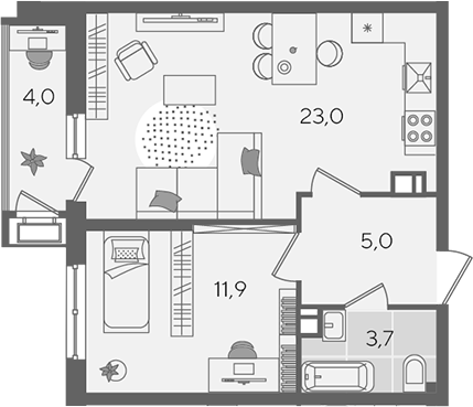 2-комн., 43.6 м², 6/24 этаж, ЖК «Рекорд»