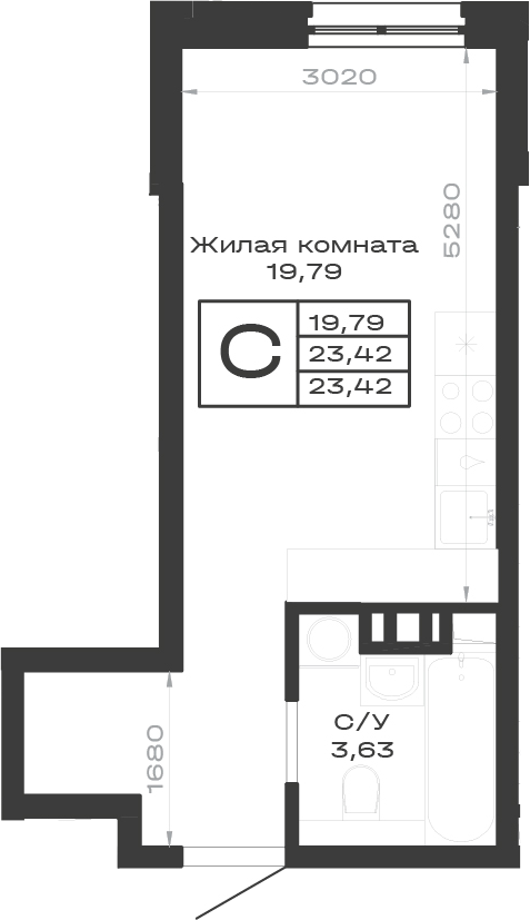 Студия, 23.42 м², 1/9 этаж, ЖК «Суворов. ГК Во-первых»