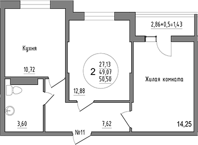 2-комн., 49.07 м², 16/16 этаж, ЖК «Друг»