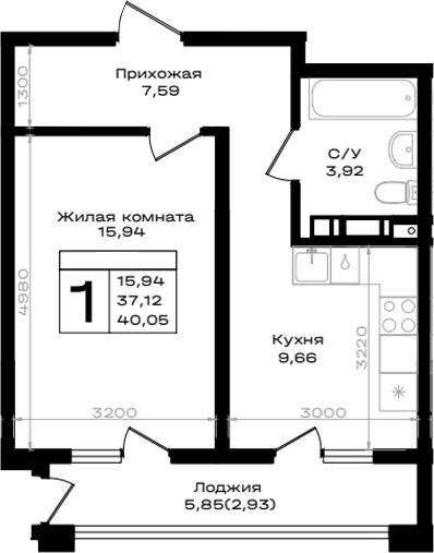 1-комн., 37.12 м², 2/9 этаж, ЖК «ЮЖНО»