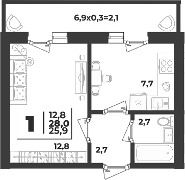 1-комн., 25.9 м², 1/5 этаж, ЖК «Дарград»