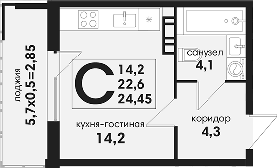 Студия, 22.6 м², 3/4 этаж, ЖК «Новая Елизаветка»