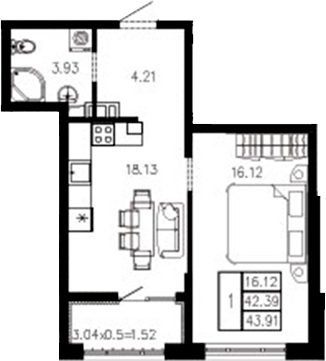 1-комн., 42.38 м², 1/9 этаж, ЖК «Суворов»