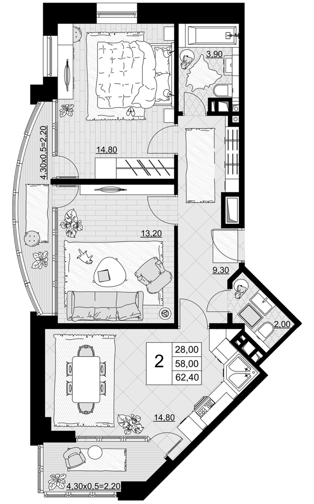 2-комн., 58 м², 3/12 этаж, ЖК «Песчаный»