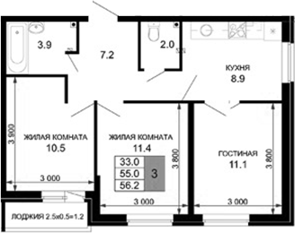 3-комн., 55 м², 2/16 этаж, ЖК «Дыхание»