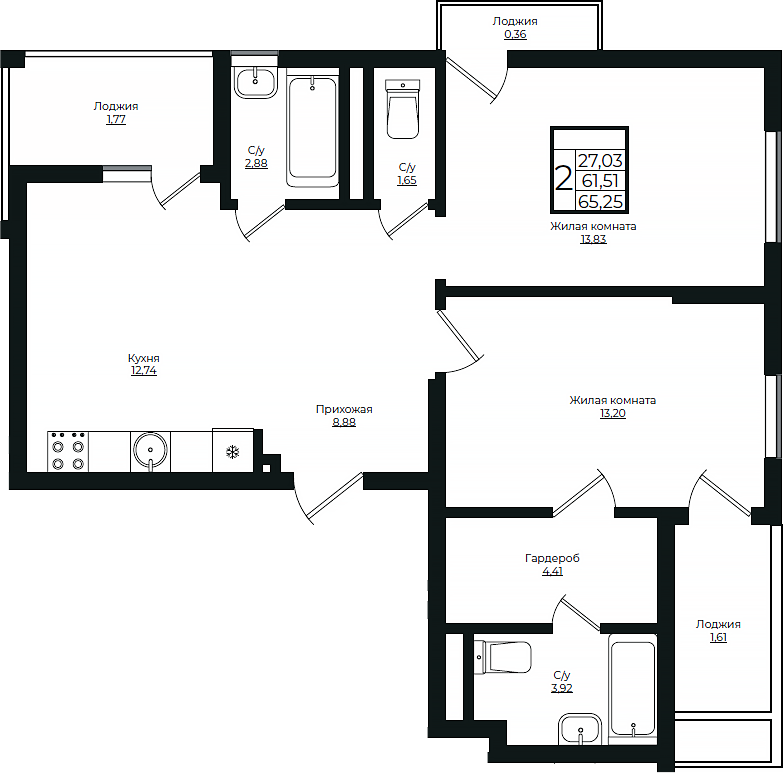 2-комн., 61.51 м², 4/10 этаж, ЖК «Европа-Сити»