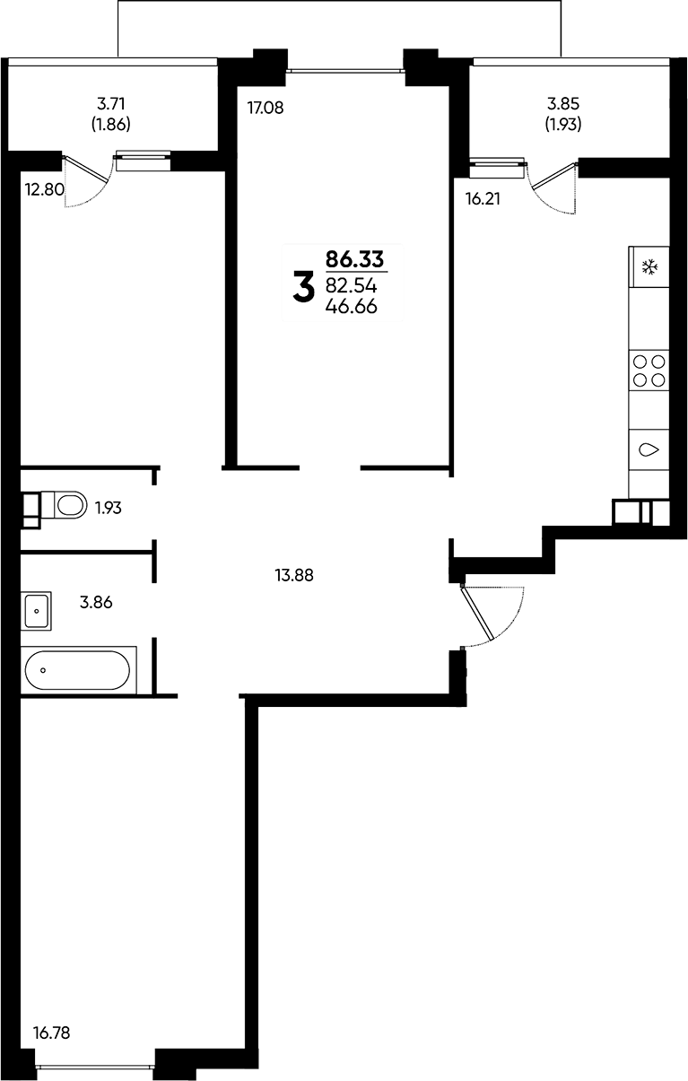 3-комн., 82.54 м², 9/22 этаж, ЖК «Достояние»
