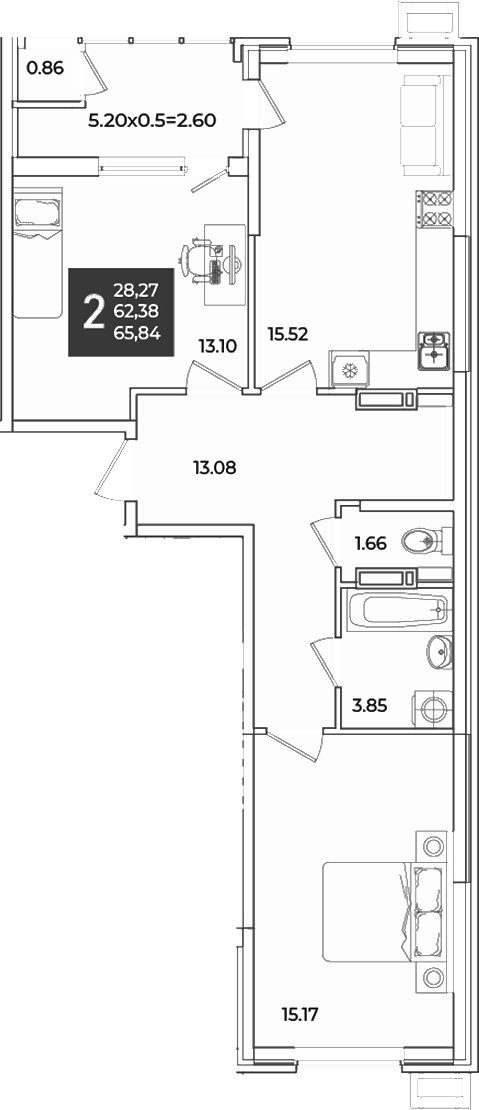 2-комн., 63.24 м², 17/18 этаж, ЖК «Образцово»
