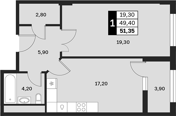 1-комн., 49.4 м², 2/9 этаж, ЖК «Аксис Патриот»
