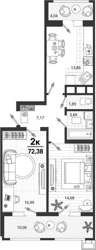 2-комн., 58.28 м², 3/18 этаж, ЖК «Родные Просторы»