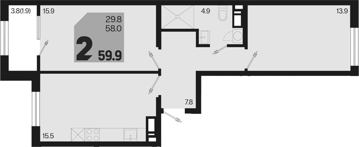 3-комн., 58 м², 5/9 этаж, ЖК «Первое место»