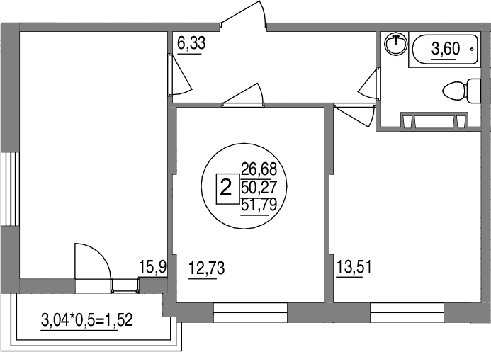 2-комн., 50.27 м², 9/12 этаж, ЖК «Друг»