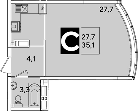 Студия, 35.1 м², 15/16 этаж, ЖК «Самолет»