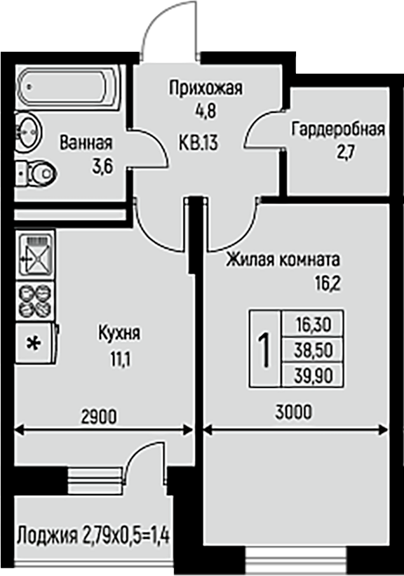 1-комн., 38.5 м², 3/3 этаж, ЖК «Nova Vita»