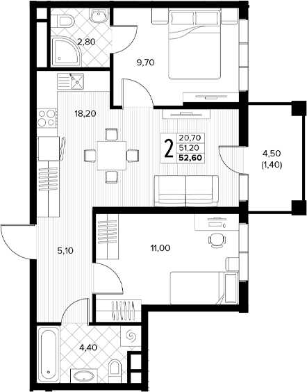 2-комн., 51.2 м², 5/6 этаж, ЖК «Кипарис»