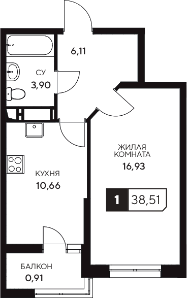 1-комн., 37.6 м², 4/20 этаж, ЖК «Центральный. Гамма»