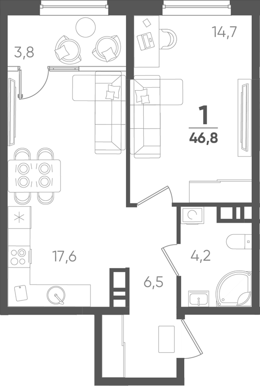 1-комн., 43 м², 3/9 этаж, ЖК «Барса»