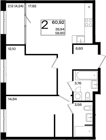 3-комн., 58.8 м², 15/18 этаж, ЖК «Патрики»