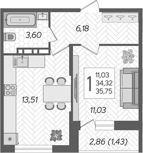 1-комн., 34.32 м², 8/12 этаж, ЖК «Смородина»