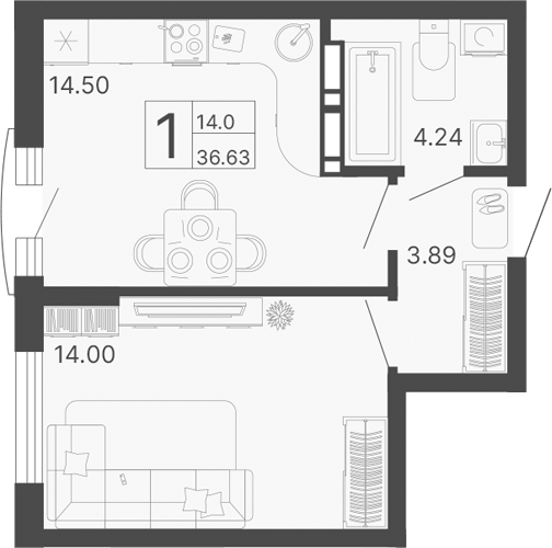 1-комн., 36.63 м², 2/17 этаж, ЖК «Светский лес»