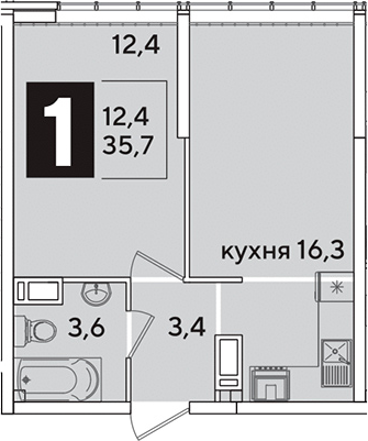 2-комн., 35.7 м², 15/16 этаж, ЖК «Самолет»