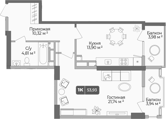 1-комн., 51.56 м², 4/17 этаж, ЖК «Золотой берег. СЗ Среда»