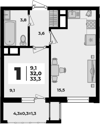 2-комн., 32 м², 1/8 этаж, ЖК «Родной дом 5»