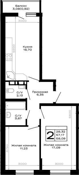 2-комн., 57.17 м², 5/16 этаж, ЖК «Горные высоты»