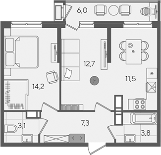 2-комн., 52.6 м², 21/24 этаж, ЖК «Рекорд»