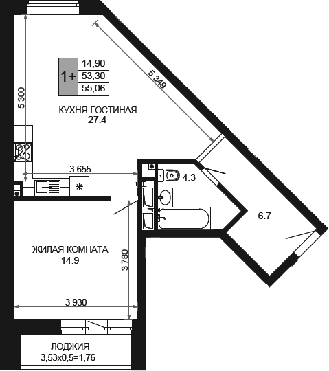 2-комн., 53.3 м², 11/12 этаж, ЖК «Сегодня»