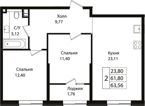 3-комн., 61.8 м², 8/18 этаж, ЖК «Патрики»