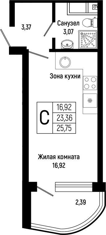 Студия, 23.96 м², 8/16 этаж, ЖК «Sun Hills Ольгинка»