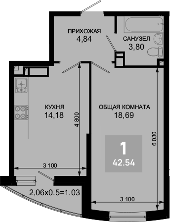 1-комн., 41.51 м², 13/19 этаж, ЖК «Лучший»