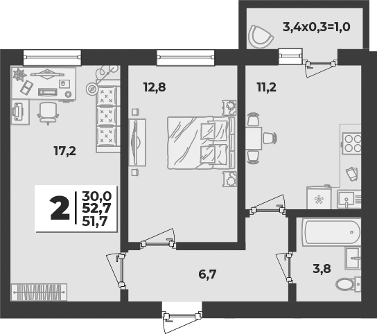 2-комн., 51.7 м², 2/5 этаж, ЖК «Дарград»