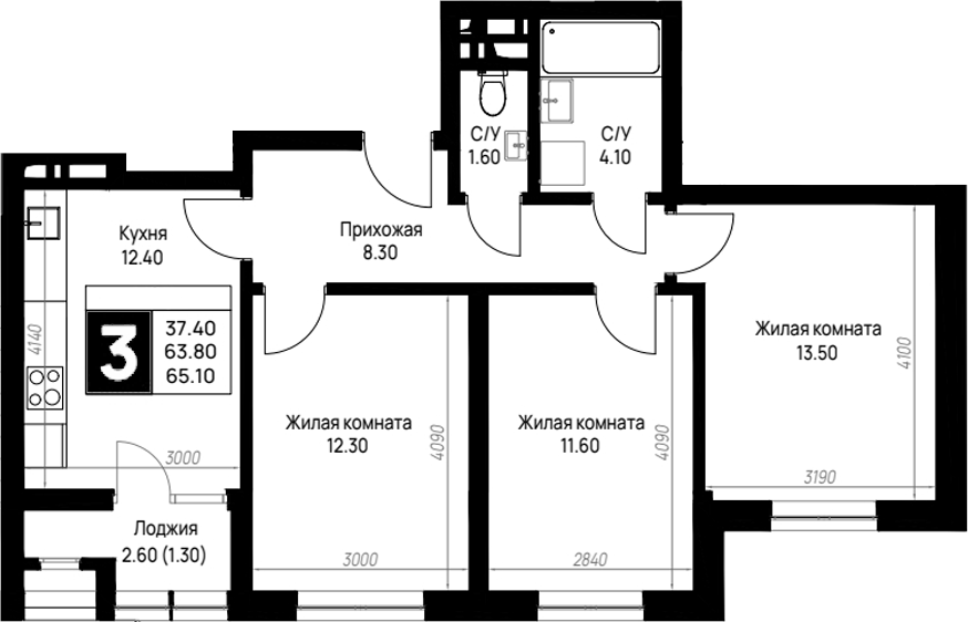 3-комн., 63.8 м², 3/9 этаж, ЖК «На высоком берегу»