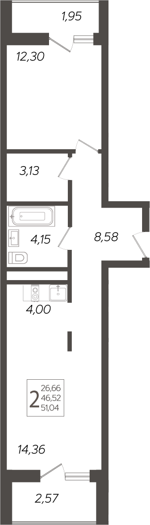 2-комн., 46.52 м², 7/19 этаж, ЖК «Кислород»