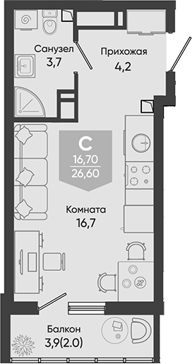 Студия, 24.6 м², 3/24 этаж, ЖК «Облака»
