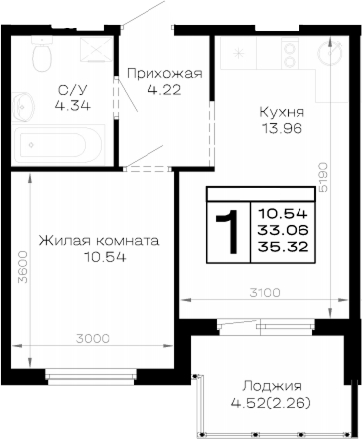 1-комн., 33.06 м², 3/4 этаж, ЖК «Усадьба Гостагаевская»