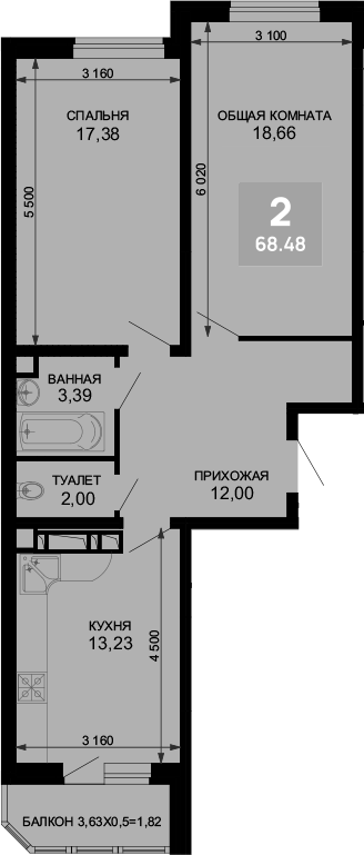 2-комн., 66.66 м², 13/19 этаж, ЖК «Лучший»