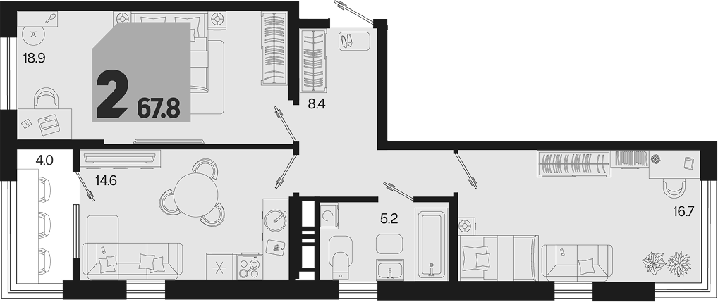 2-комн., 63.8 м², 16/18 этаж, ЖК «Первое место»