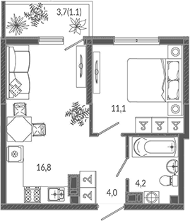 2-комн., 36.1 м², 3/12 этаж, ЖК «Флора»